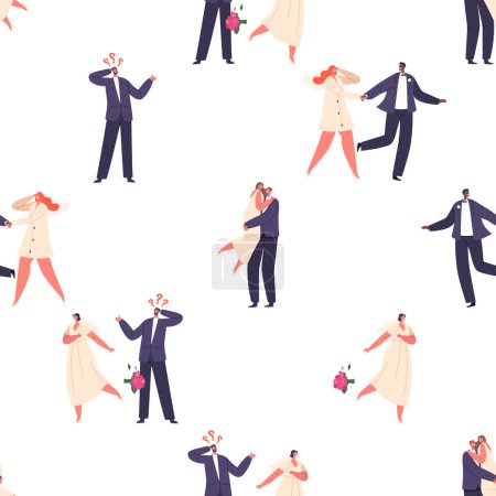 Illustration for Elegant Wedding Couples Bride and Groom Characters In Harmonious Poses, Forming A Timeless And Romantic Seamless Pattern. Perfect For Celebrating Love And Union. Cartoon People Vector Illustration - Royalty Free Image