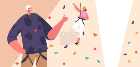 Illustration for Kid Climber Climbing Rock Wall. Fearless Girl Alpinist Character Bouldering, Hanging On Rope Indoor In Gym Playground with Guidance of Trainer, Extreme Challenge. Cartoon People Vector Illustration - Royalty Free Image