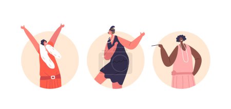 Illustration for Isolated Round Icons Or Avatars With Retro Girls Characters Dance, Nostalgic Old School Dance with Iconic Moves Of The Past. Women Groove To Classic Beats. Cartoon People Vector Illustration - Royalty Free Image