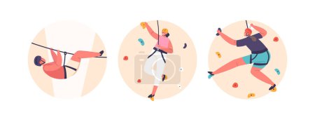 Ilustración de Iconos redondos aislados o avatares de niños escalan la pared de roca, llenos de emoción, muestran sus espíritus aventureros y determinación para vencer desafíos. Dibujos animados Gente Vector Ilustración - Imagen libre de derechos