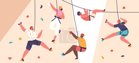 Illustration for Children Characters Enthusiastically Scale The Rock Wall, Filled With Excitement, Showcase Their Adventurous Spirits And Determination To Conquer Challenges. Cartoon People Vector Illustration - Royalty Free Image
