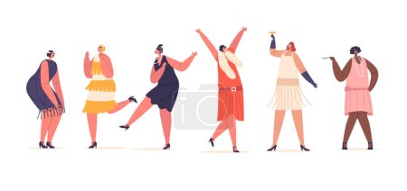Illustration for Retro Girls Characters Dance Captures The Essence Of Vintage Glamour And Joy Through Vibrant Choreography, Nostalgic Costumes, And Infectious Music of Bygone Era. Cartoon People Vector Illustration - Royalty Free Image