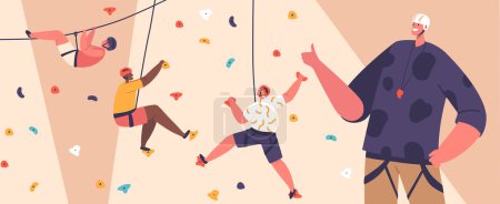 Illustration for Rock Climbing Wall. Boys And Girls Team Climb Up Stone Dummy with Help of Adult Trainer Below, Children Crawling Up Wall With Colored Ledges, Kids Extreme Mountaineering. Cartoon Vector Illustration - Royalty Free Image
