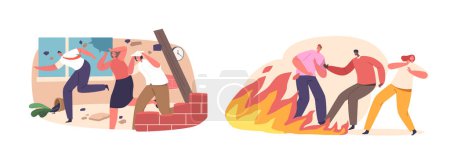 Illustration for Terrified People Flee As Earthquake And Fire Wreak Havoc, Leaving Destruction In Their Wake. Frightened Male and Female Characters Seek Safety From Chaos and Disasters. Cartoon Vector Illustration - Royalty Free Image