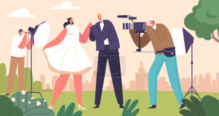 Illustration for Skilled Videographer Character Captures Heartfelt Moments Of A Couple Wedding Day, Artfully Preserving Their Love And Joy Through Expertly Filmed Shots. Cartoon People Vector Illustration - Royalty Free Image