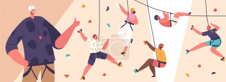 Illustration for Children Characters Scale A Climbing Wall With Help Of Their Trainer. Concept Of Thrill Of Bouldering Adventure, Healthy Physical Activity And Teamwork Sports. Cartoon People Vector Illustration - Royalty Free Image