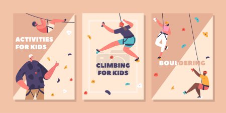 Illustration for Mountaineering Activities for Kids Vertical Banners. Children Characters Scale A Climbing Wall With Help Of Their Trainer. Concept Of Thrill Of Bouldering Adventure. Cartoon People Vector Illustration - Royalty Free Image