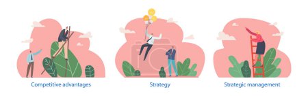 Illustration for Isolated Vector Elements with Competitive Advantages Scenes. Business Characters Walking On Stilts, Climbing Ladder And Flying On Light Bulb Balloons during Corporate Competition For Leadership - Royalty Free Image