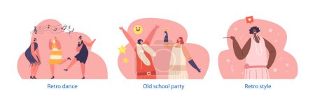 Illustration for Isolated Elements With Retro Girls Characters Dance Captures The Essence Of Vintage Glamour And Joy Through Vibrant Choreography, Nostalgic Costumes of Bygone Era. Cartoon People Vector Illustration - Royalty Free Image