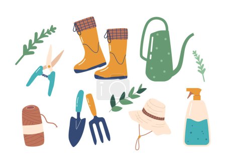 Illustration for Set Of Gardening Items, Scissors, Rubber Boots, Watering Can and Sprayer. Hat, Scoop, Rake and Rope Isolated Elements on White Background. Tools for Farming and Greenhouse. Cartoon Vector Illustration - Royalty Free Image