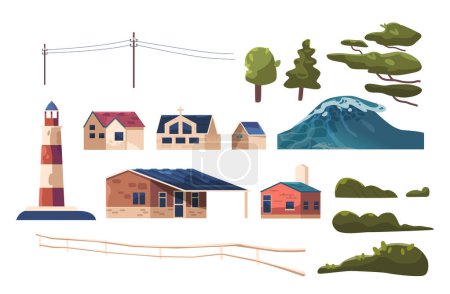 Illustration for Set of Icons Tsunami, Natural Disaster Isolated Graphic Element. Sea Wave, Beacon, High Voltage Towers, Trees, Bushes and Buildings. Church, Cottage House, Wooden Fence. Cartoon Vector Illustration - Royalty Free Image