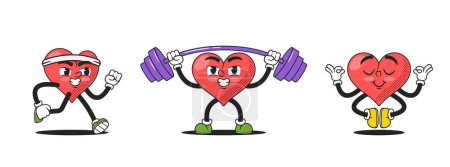 Illustration for Adorable Cartoon Heart Characters Engage In Various Sports And Yoga Activities, Showcasing Their Vibrant Personalities While Promoting A Healthy, Active Lifestyle With Love. Vector Illustration - Royalty Free Image