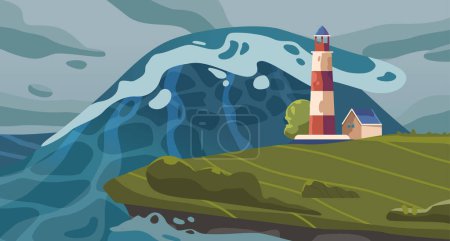 Illustration for Massive Tsunami Wave Crashes Onto The Shore, Dwarfing A Lone Beacon Standing on the Abyss Edge, Powerful Testament To The Ocean Unforgiving Might. Natural Disaster in Sea. Cartoon Vector Illustration - Royalty Free Image