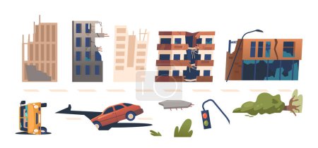 Illustration for Set of Icons City After An Earthquake Themed. Shattered Buildings, Broken Road and Cars, Fallen Trees, Twisted Traffic Light Isolated Elements on White Background. Cartoon Vector Illustration - Royalty Free Image