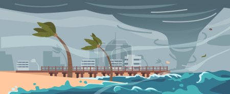 Mächtiger Hurrikan auf See in der Nähe einer Küstenstadt verursachte Chaos mit heftigen Winden und sintflutartigen Regenfällen, die weit verbreitete Zerstörung verursachten und eine ernste Bedrohung für die Gemeinschaft darstellten. Zeichentrickvektorillustration