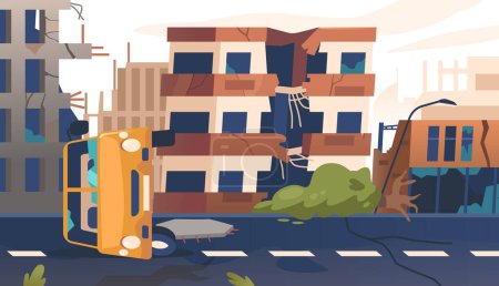 Téléchargez les illustrations : Après le tremblement de terre, la route de la ville ressemble à un labyrinthe chaotique d'asphalte fracturé, de débris, de voitures et de structures renversées, évoquant une atmosphère étrange et désolée. Illustration vectorielle de bande dessinée - en licence libre de droit