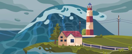 Illustration for Massive Tsunami Wave Violently Inundates A Peaceful Countryside Area on Sea Shore with Lighthouse, Wreaking Havoc And Devastation In Its Path, Shattering Tranquil Serenity. Cartoon Vector Illustration - Royalty Free Image