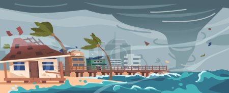 Téléchargez les illustrations : Un ouragan destructeur traverse la mer, s'approche d'une ville côtière avec des vents menaçants et des pluies torrentielles, menaçant la dévastation et le chaos. Illustration vectorielle de dessin animé en cas de catastrophe naturelle - en licence libre de droit