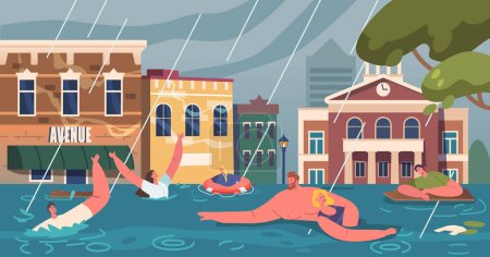 Illustration for People Float at City Submerged In Torrential Waters, Chaos Ensues As Homes Vanish, Streets Transform Into Rivers, And Characters Seek Refuge Amidst The Relentless Deluge. Cartoon Vector Illustration - Royalty Free Image