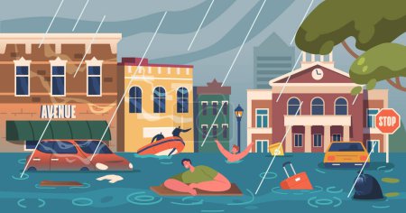 Téléchargez les illustrations : Les personnages survivent dans Submerged City. Les eaux d'inondation engloutissent les rues, les efforts de désespoir et de sauvetage s'entremêlent au milieu de la marée montante d'un impact de catastrophe naturelle. Illustration vectorielle des personnages de bande dessinée - en licence libre de droit