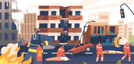 Illustration for In The Chaos Of An Earthquake, Courageous Rescuers Tirelessly Search Through Rubble In The City, Offering Hope And Saving Lives, Destinguish Fire and Helping People. Cartoon Vector Illustration - Royalty Free Image