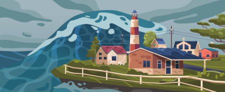 Illustration for Colossal Tsunami Engulfs Tranquil Countryside, Its Towering Wave Ominously Looming Above While A Lone Beacon Stands As A Futile Sentinel. Typhoon or Storm Natural Disaster. Cartoon Vector Illustration - Royalty Free Image