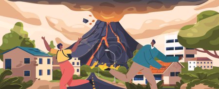 Illustration for Fleeing In Panic, People Scramble To Escape The Impending Volcanic Eruption Fury, Characters Seeking Safety From The Billowing Ash, Searing Lava, And Suffocating Smoke. Cartoon Vector Illustration - Royalty Free Image