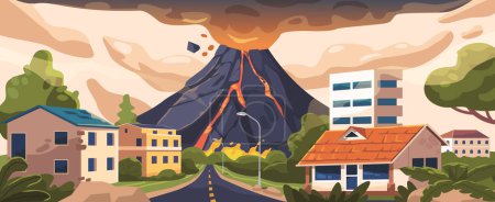 Katastrophaler Vulkanausbruch verschlingt die Stadt in glühender Lava, Asche und Rauch und hinterlässt Verwüstung und Chaos. Naturkatastrophe, Umweltzerstörung. Zeichentrickvektorillustration