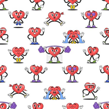 Illustration for Delightful Seamless Pattern Features Cute Cartoon Heart Characters In Various Poses And Expressions, Creating A Charming Design For Romantic Occasions Or Whimsical Projects. Vector Illustration - Royalty Free Image
