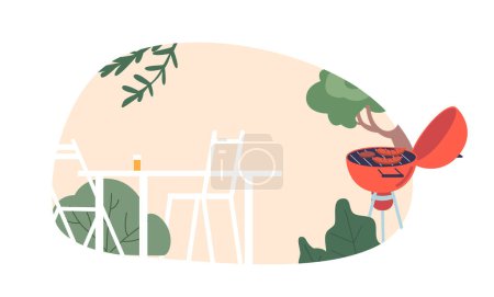Illustration for Backyard Oasis With A Sleek Barbecue Grill, Inviting Table, And Lush Landscaping. Perfect For Outdoor Gatherings And Savoring Delicious Meals In A Serene Setting. Cartoon Vector Illustration - Royalty Free Image