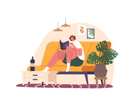 Illustration for Woman Enjoys Relaxing Weekend At Home, Immersed In Good Book, Finding Solace And Contentment Within The Pages. Female Character Engrossed in Reading with Wineglass. Cartoon People Vector Illustration - Royalty Free Image
