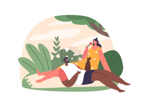 Téléchargez les illustrations : Homme et femme profitent d'un week-end serein au parc, couché sur une couverture confortable, se détendre dans la nature embrasser. Personnages de couple de course mixte Relaxez-vous en plein air. Illustration vectorielle des personnages de bande dessinée - en licence libre de droit