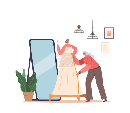 Illustration for Bride-to-be Character Gazes Into A Full-length Mirror As A Skilled Tailor Measures Her For The Perfect Wedding Dress, Anticipation And Excitement In The Air. Cartoon People Vector Illustration - Royalty Free Image