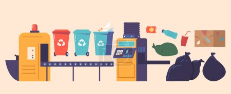Illustration for Garbage Processing Items Set. Conveyor Belt, Recycling Containers, Composting Bins, And Trash Bags, Enabling Efficient Waste Management And Environmental Sustainability. Cartoon Vector Illustration - Royalty Free Image