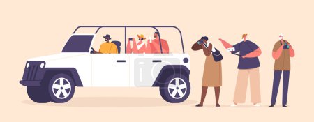 Téléchargez les illustrations : Personnages touristiques équipés de caméras, embarque dans une aventure Safari passionnante dans une jeep robuste, capturant la faune et les paysages impressionnants. Voyageurs isolés de bande dessinée, Illustration vectorielle - en licence libre de droit