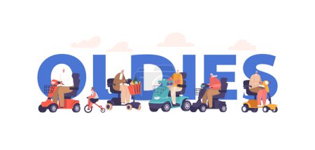 Ilustración de Concepto de ancianos con personajes ancianos navegando en scooters, encarnando la libertad y la resiliencia intemporales, una encantadora fusión de nostalgia y movilidad moderna. Cartel del vector de la historieta, bandera o volante - Imagen libre de derechos