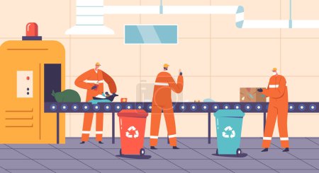 Illustration for Characters Labor On A Garbage Processing Belt, Sorting, Separating and Compressing Waste Materials For Recycling Or Disposal, Ensuring A Cleaner Environment. Cartoon People Vector Illustration - Royalty Free Image