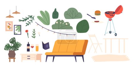Illustration for Set of Icons, Isolated Couch, Book, Barbecue Grill and Table with Chair Bushes, Houseplant, Light Garland and Wine Bottle with Glass. Blanket, Wall Picture, Lamps. Cartoon Vector Illustration Bundle - Royalty Free Image