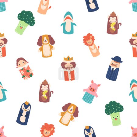 Ilustración de Patrón sin costuras juguetón con juguetes coloridos del dedo. Perro, león, brócoli, rey, niña, mono, lechón o pingüino creando un diseño caprichoso y atractivo para los productos para niños. Ilustración de vectores de dibujos animados - Imagen libre de derechos