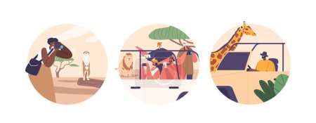 Téléchargez les illustrations : Icônes rondes isolées ou avatars de voyageurs en safari, embarquez pour une expédition passionnante en jeep à travers des paysages africains accidentés, observant la faune et la beauté de l'Afrique. Illustration vectorielle de bande dessinée - en licence libre de droit