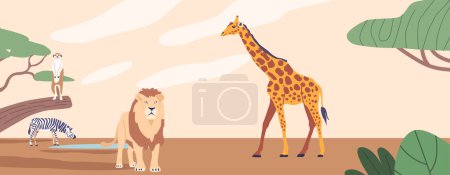 Téléchargez les illustrations : Savane africaine vibrante, baignée de soleil doré, regorgeant d'une faune diversifiée, de girafes gracieuses, de lion majestueux et de meerkat ou de zèbre rapide, contre un horizon sans fin. Illustration vectorielle de bande dessinée - en licence libre de droit