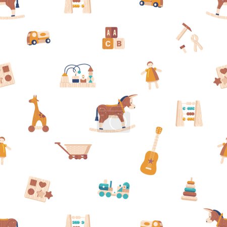 Illustration for Charming Seamless Pattern Featuring A Delightful Assortment Of Wooden Toys. Train, Donkey, Giraffe, Guitar and Sorter, Trolley, Car and Pyramid, Nostalgic And Playful Tile. Cartoon Vector Illustration - Royalty Free Image
