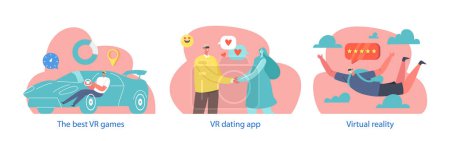 Illustration for Isolated Elements With Characters Use Virtual Reality Technology for Dating, Gaming or Immersive Experience. Computer-generated Immersive Environment That Simulates Reality, People Vector Illustration - Royalty Free Image