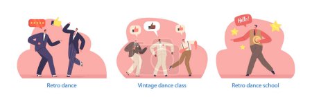 Illustration for Isolated Elements With Retro Men Dance Showcases Suave Moves Inspired By Past Eras, Combining Charm, Style, And Nostalgia Into A Captivating Dance Performance. Cartoon People Vector Illustration - Royalty Free Image