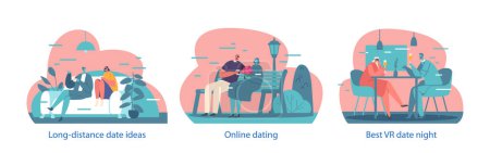 Illustration for Isolated Elements with Virtual Dating Scenes. People Use Vr Technology for Date. Males and Females Wearing Augmented Reality Goggles Meet with Unreal Persons in Cyberspace. Cartoon Vector Illustration - Royalty Free Image
