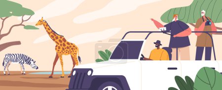Ilustración de Los viajeros aventureros exploran la belleza salvaje de África en un emocionante tour en jeep safari, maravillándose con la exótica vida silvestre y los vastos paisajes. Cartoon People Watching and Shooting Animals (en inglés). Ilustración vectorial - Imagen libre de derechos