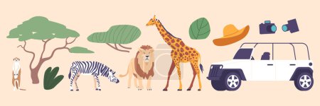 Ilustración de Conjunto de iconos África Safari Tour Theme. Jeep, Jirafa, León, Cebra y Meerkat. Cámara fotográfica, sombrero, árboles y arbustos Elementos aislados. Recorrido fotográfico, Viajes. Ilustración de vectores de dibujos animados - Imagen libre de derechos