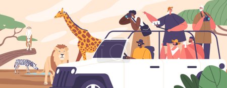 Illustration for Characters at Thrilling African Safari Tour With Diverse Wildlife, Stunning Landscapes, And Cultural Immersion, Unforgettable Adventures Amidst The Natural Beauty. Cartoon People Vector Illustration - Royalty Free Image