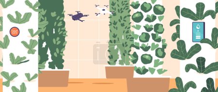 Illustration for Automation Of Crop Production Involves Using Technology Like Drones, Robots, And Ai To Perform Tasks Such As Planting, Harvesting, And Monitoring Crops, Increasing Efficiency And Yield, Vector - Royalty Free Image