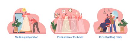 Ilustración de Elementos aislados con el carácter de la novia se prepara para la boda, vestido de costura, peinado en el salón, reunirse con damas de honor irradiante belleza y anticipación. Dibujos animados Gente Vector Ilustración - Imagen libre de derechos